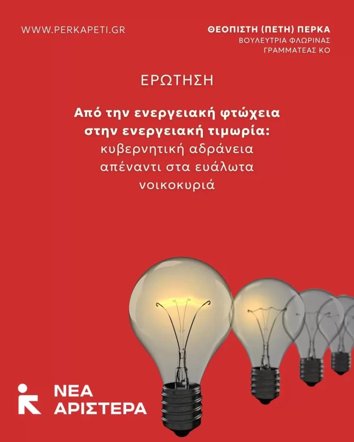 Πέτη Πέρκα: «Από την ενεργειακή φτώχεια στην ενεργειακή τιμωρία τα νοικοκυριά της Φλώρινας»